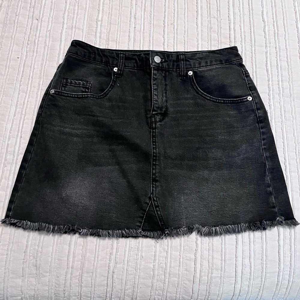 High rise black jean skirt